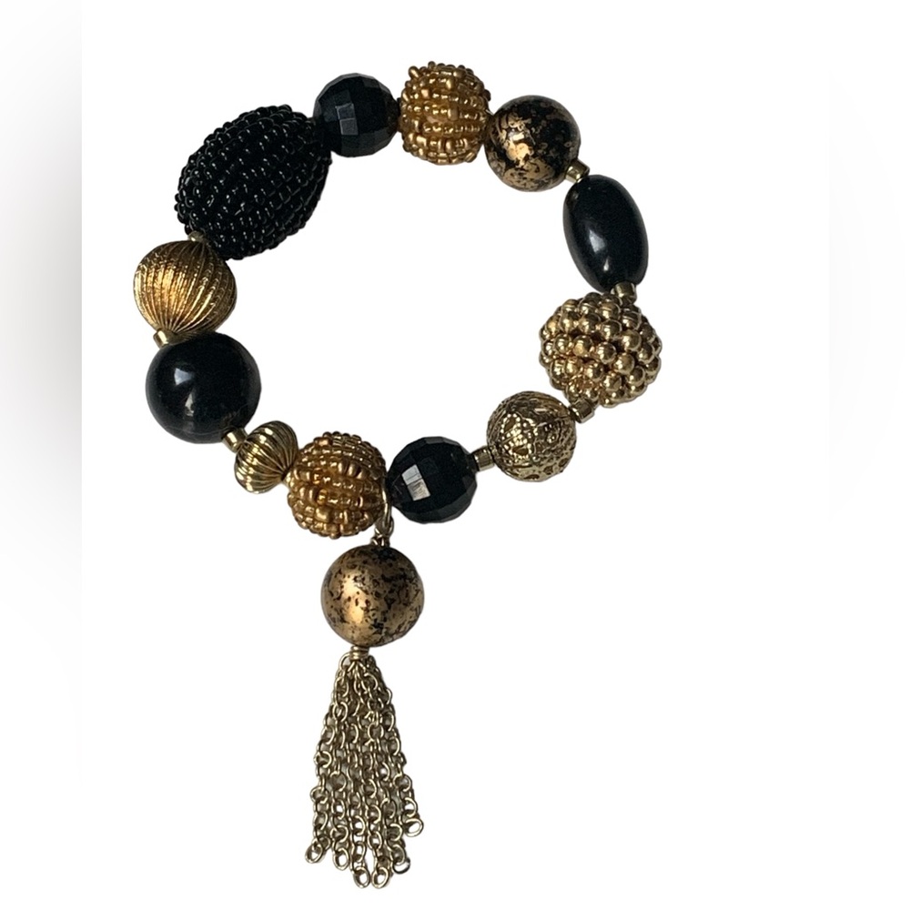 CHICO’S Black Gold Acrylic Beaded Metal Tassel Stretch Bracelet Womans Jewelry